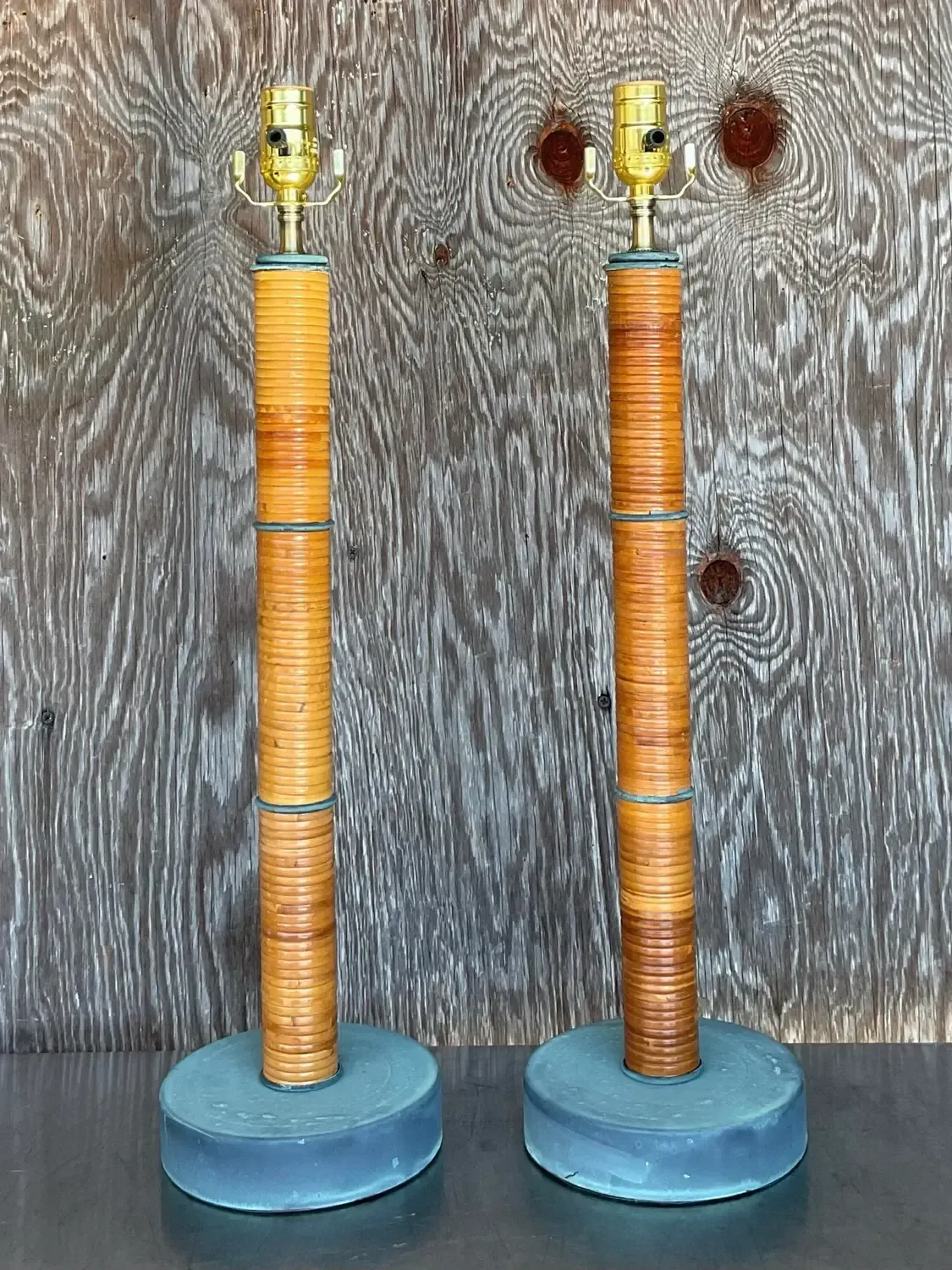 Vintage Coastal Wrapped Pencil Reed Column Lamps - a Pair — additional photo 5