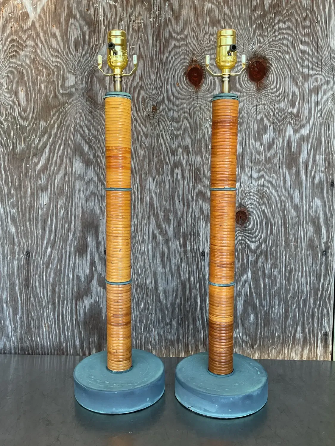 Vintage Coastal Wrapped Pencil Reed Column Lamps - a Pair — additional photo 4