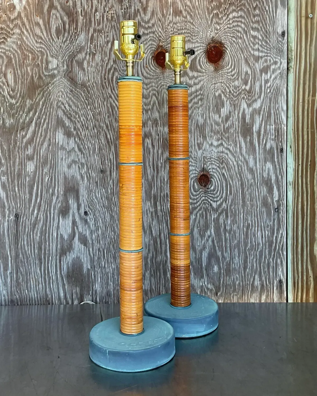 Vintage Coastal Wrapped Pencil Reed Column Lamps - a Pair — additional photo 8