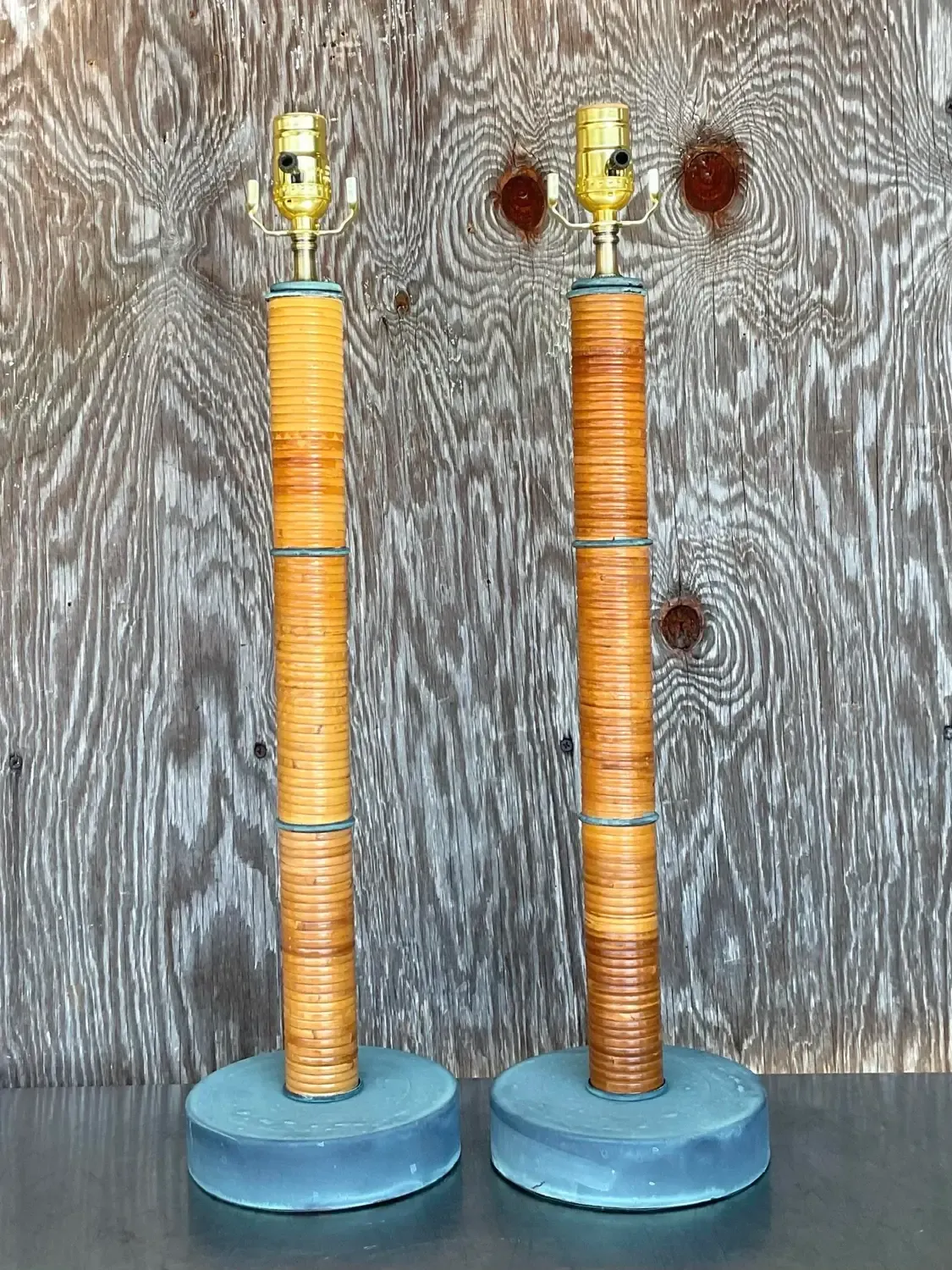 Vintage Coastal Wrapped Pencil Reed Column Lamps - a Pair — additional photo 7