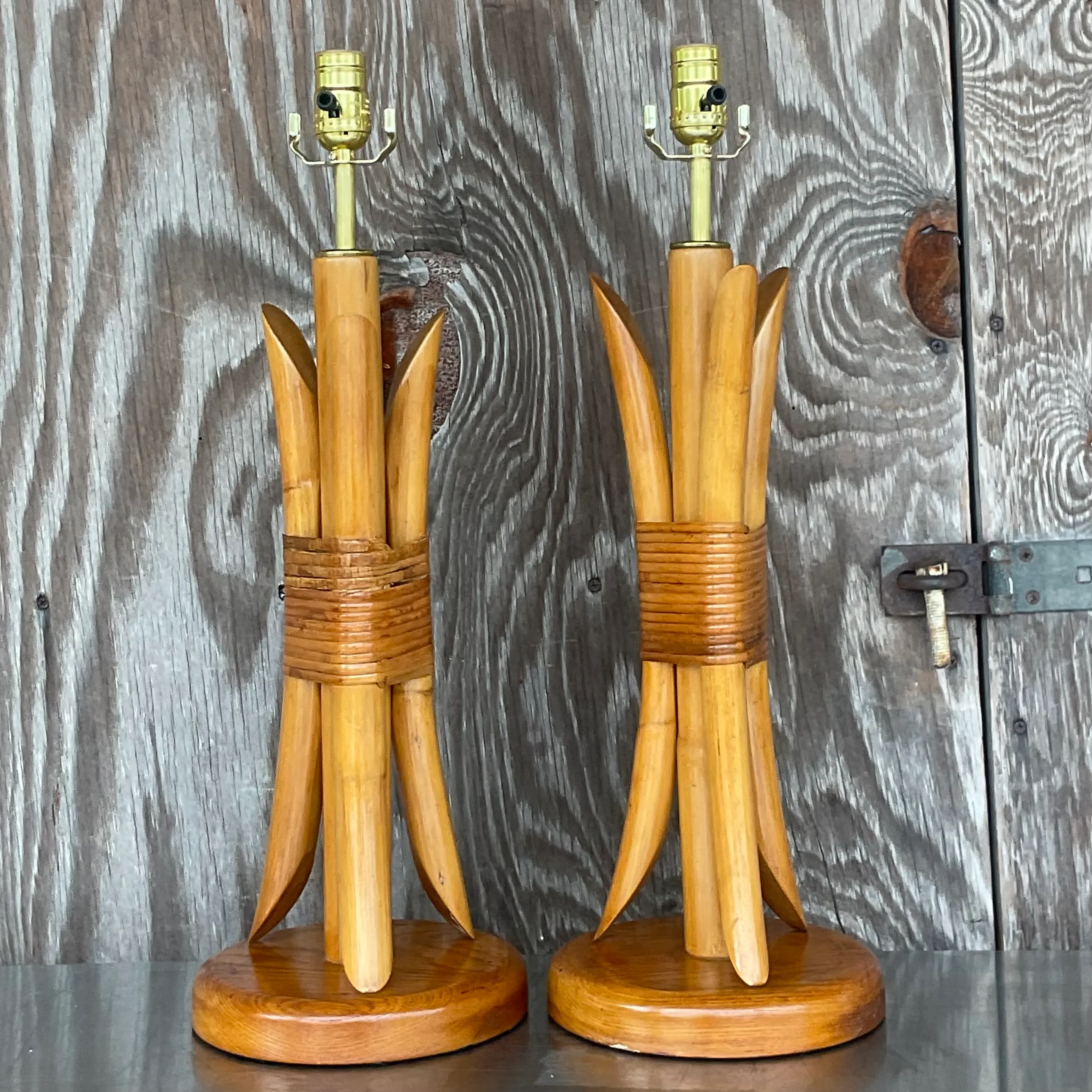 Vintage Coastal Wrapped Rattan Table Lamps- a Pair — additional photo 1
