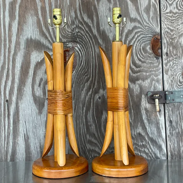 Vintage Coastal Wrapped Rattan Table Lamps- a Pair — additional photo 1