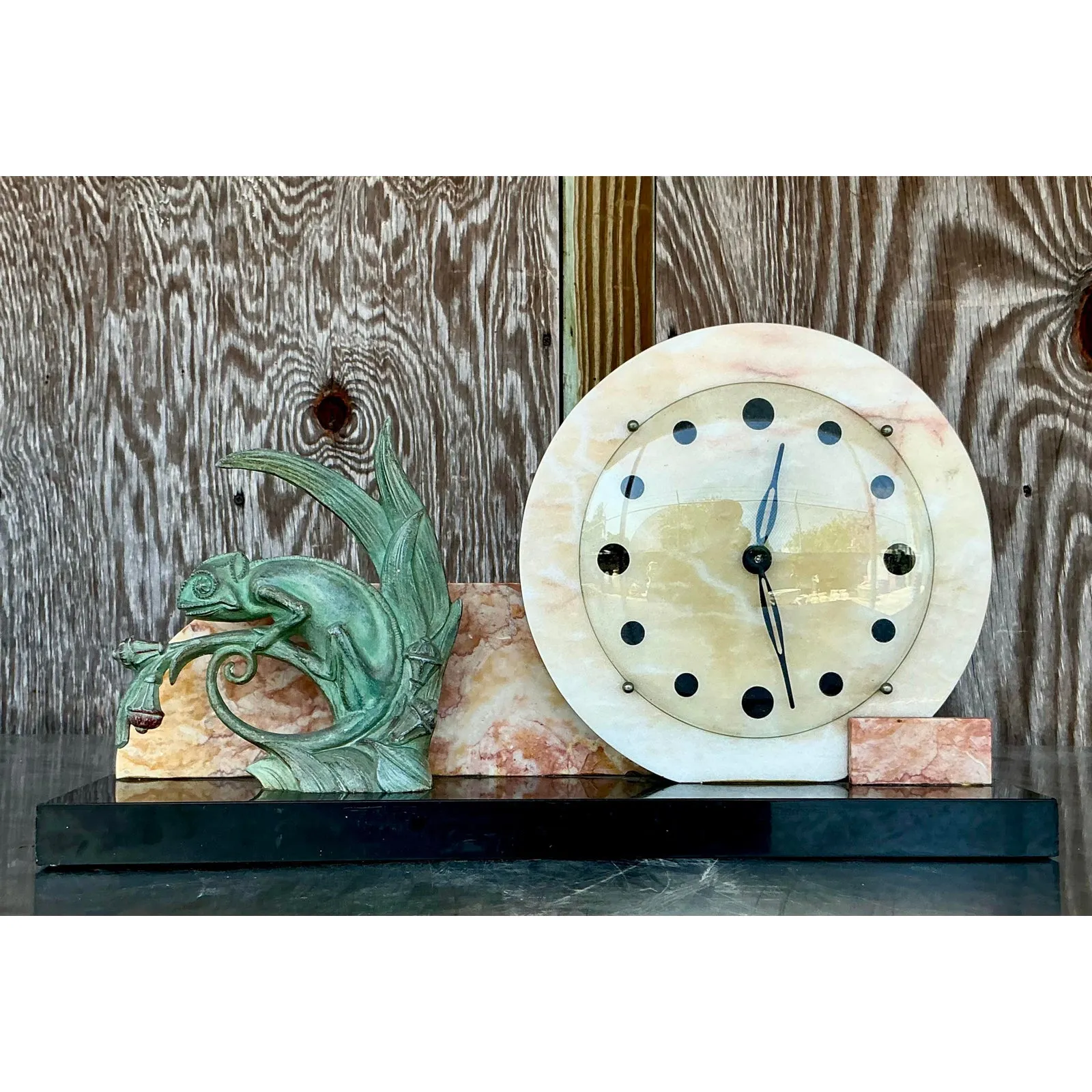 Vintage Deco Stone and Bronze Chameleon Clock — additional photo 1