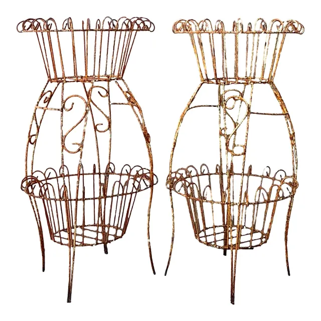 Vintage Distressed Wire Plant Stands - A Pair — additional photo 1