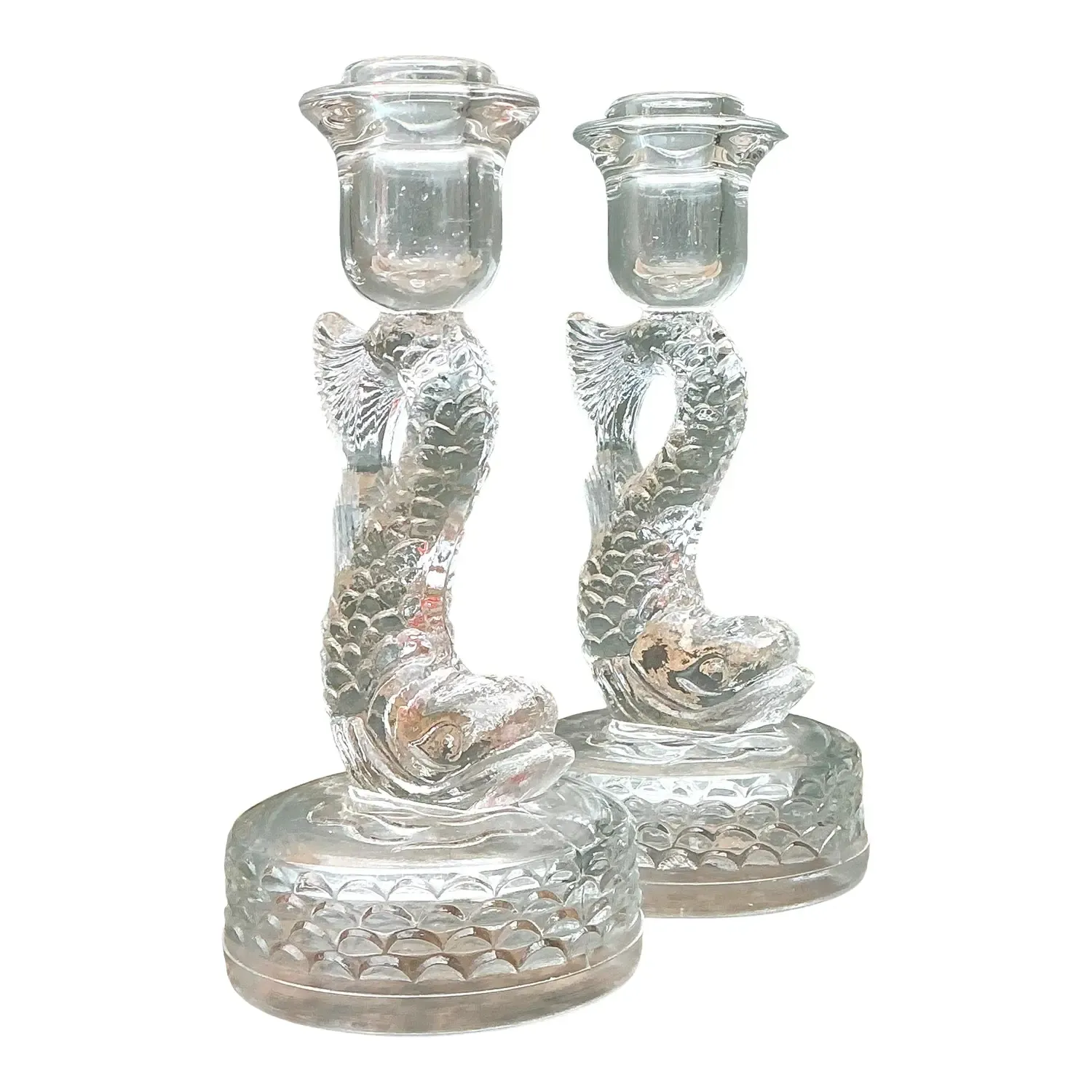 Vintage Dolphin Glass Candlesticks - A Pair