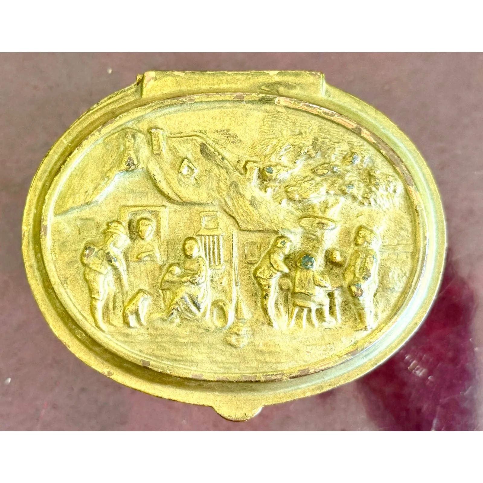 Vintage Embossed Metal Trinket Box With Festive Village Scene — additional photo 2