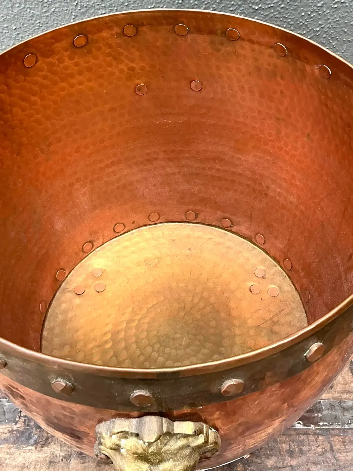 Vintage English Hammered Copper and Brass Paw Foot Planter — additional photo 2