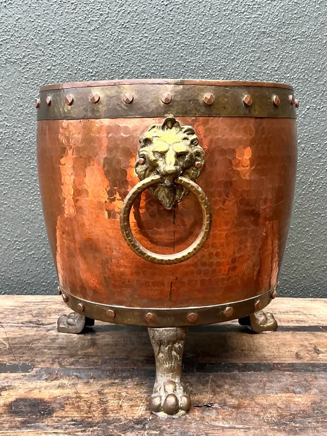 Vintage English Hammered Copper and Brass Paw Foot Planter — additional photo 3