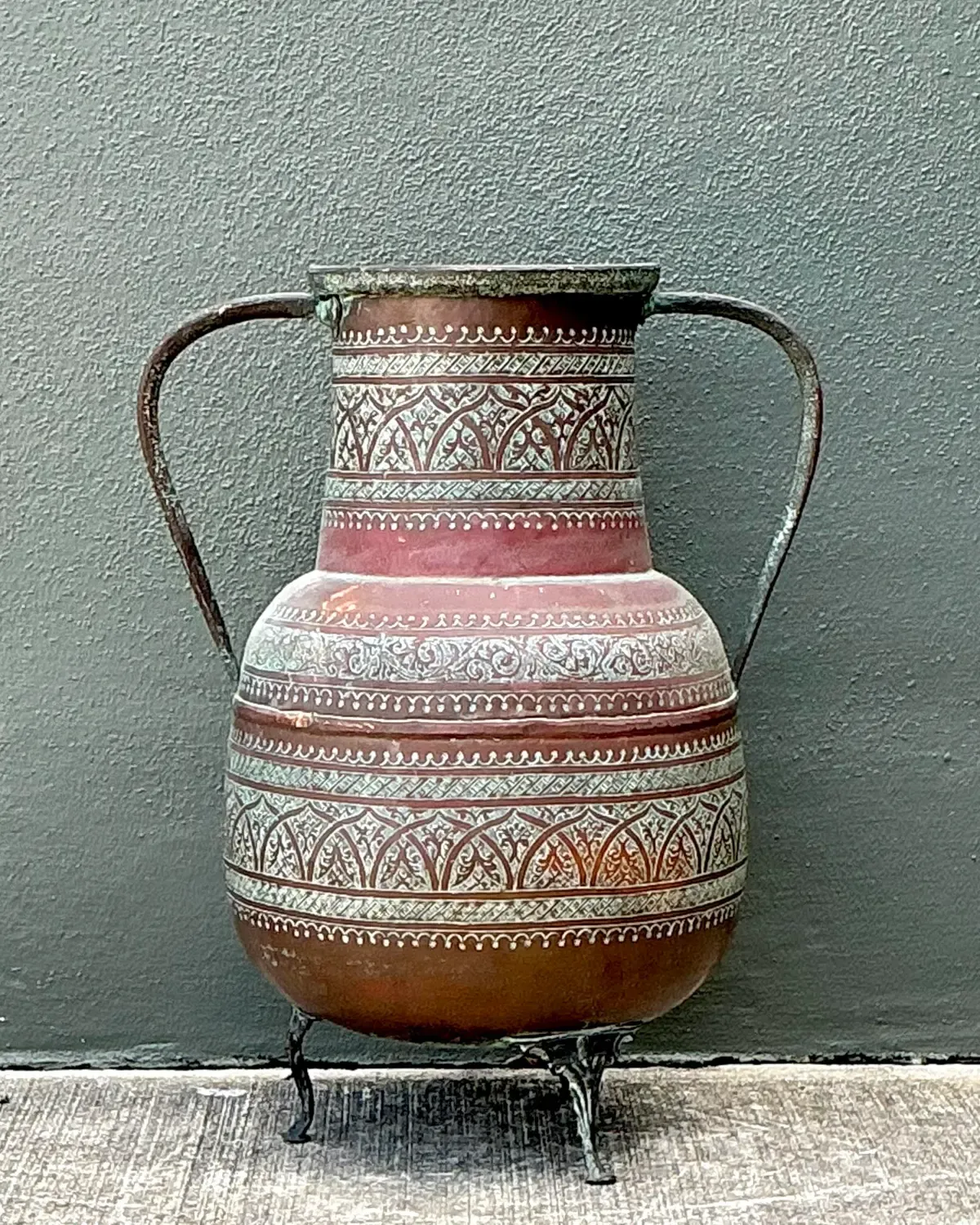 Vintage Engraved Copper Amphora Floor Vase — additional photo 1