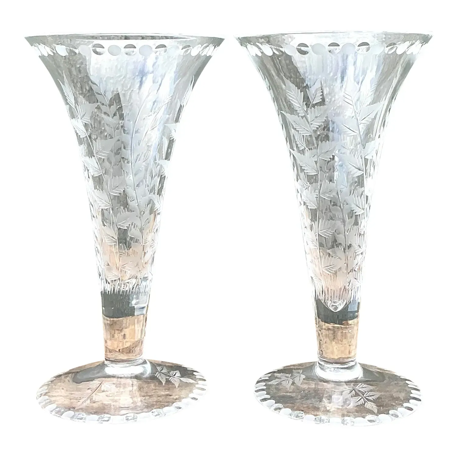 Vintage Etched Glass Trumpet Vases - A Pair