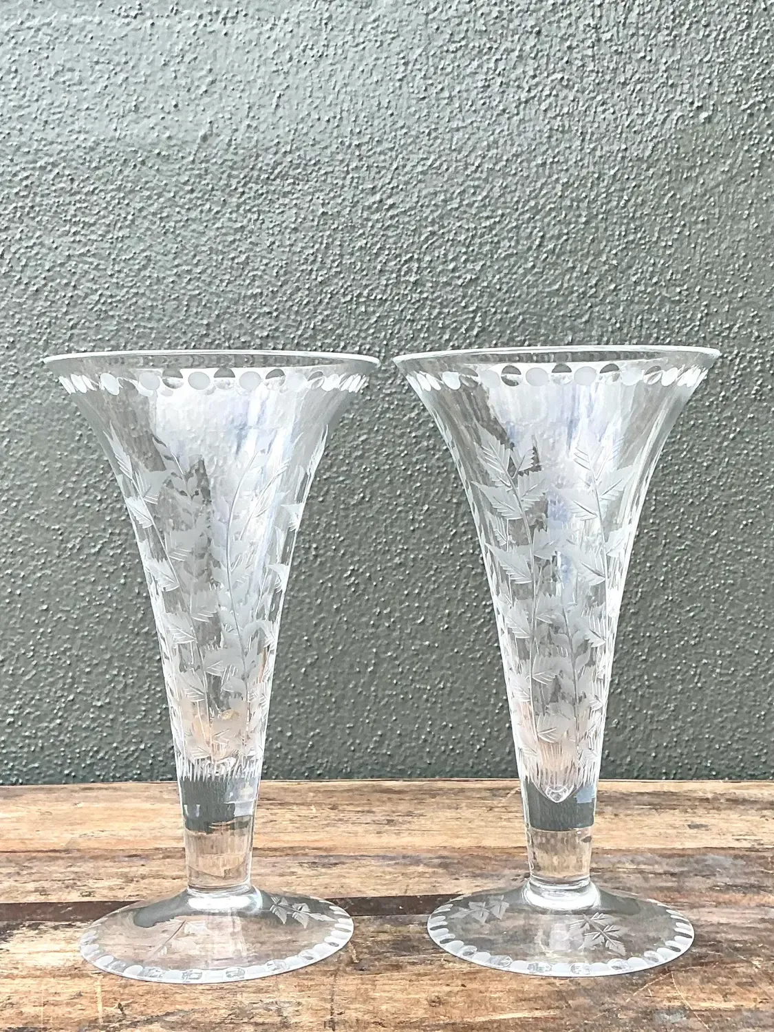 Vintage Etched Glass Trumpet Vases - A Pair — additional photo 2