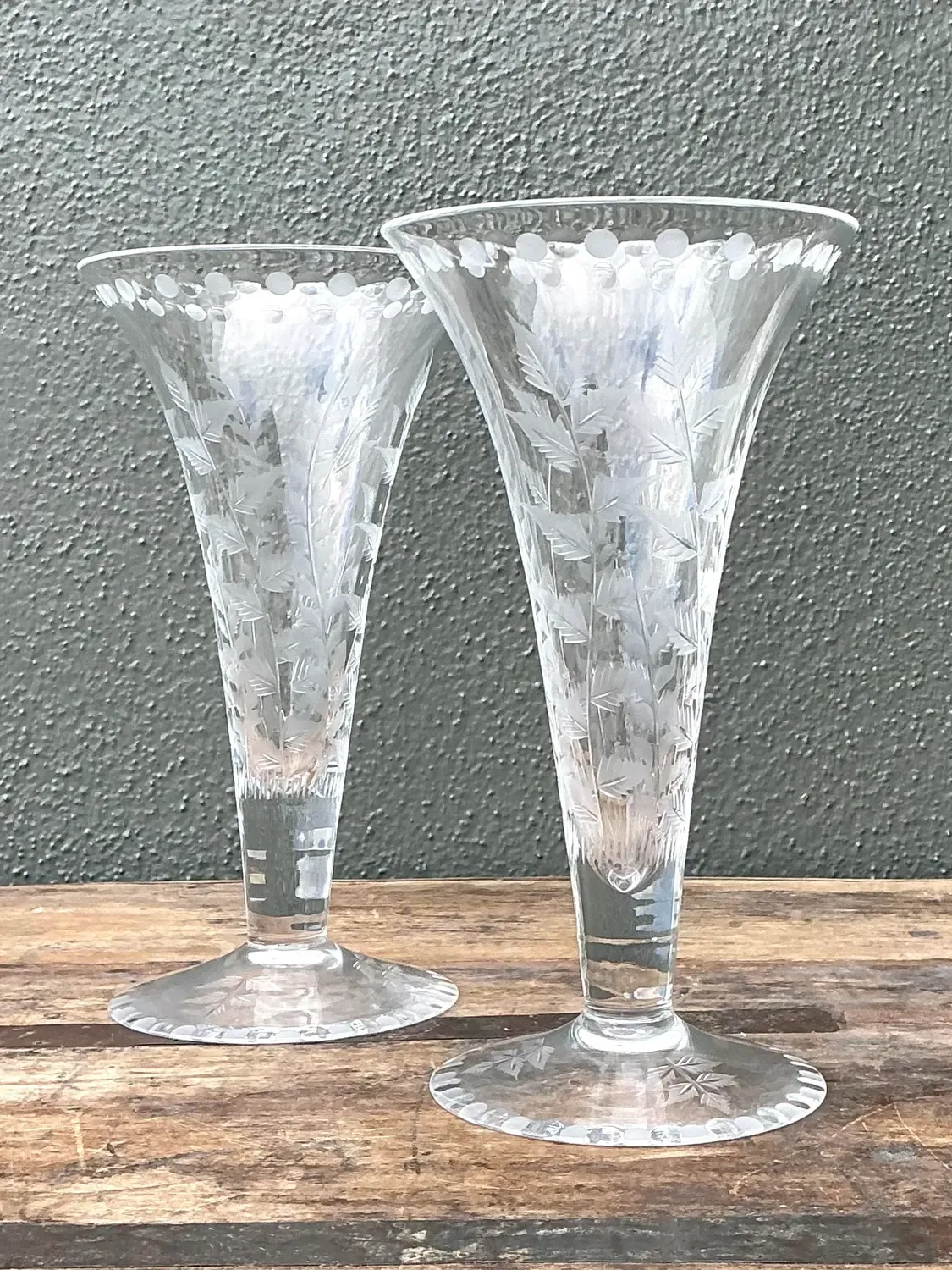Vintage Etched Glass Trumpet Vases - A Pair — additional photo 3