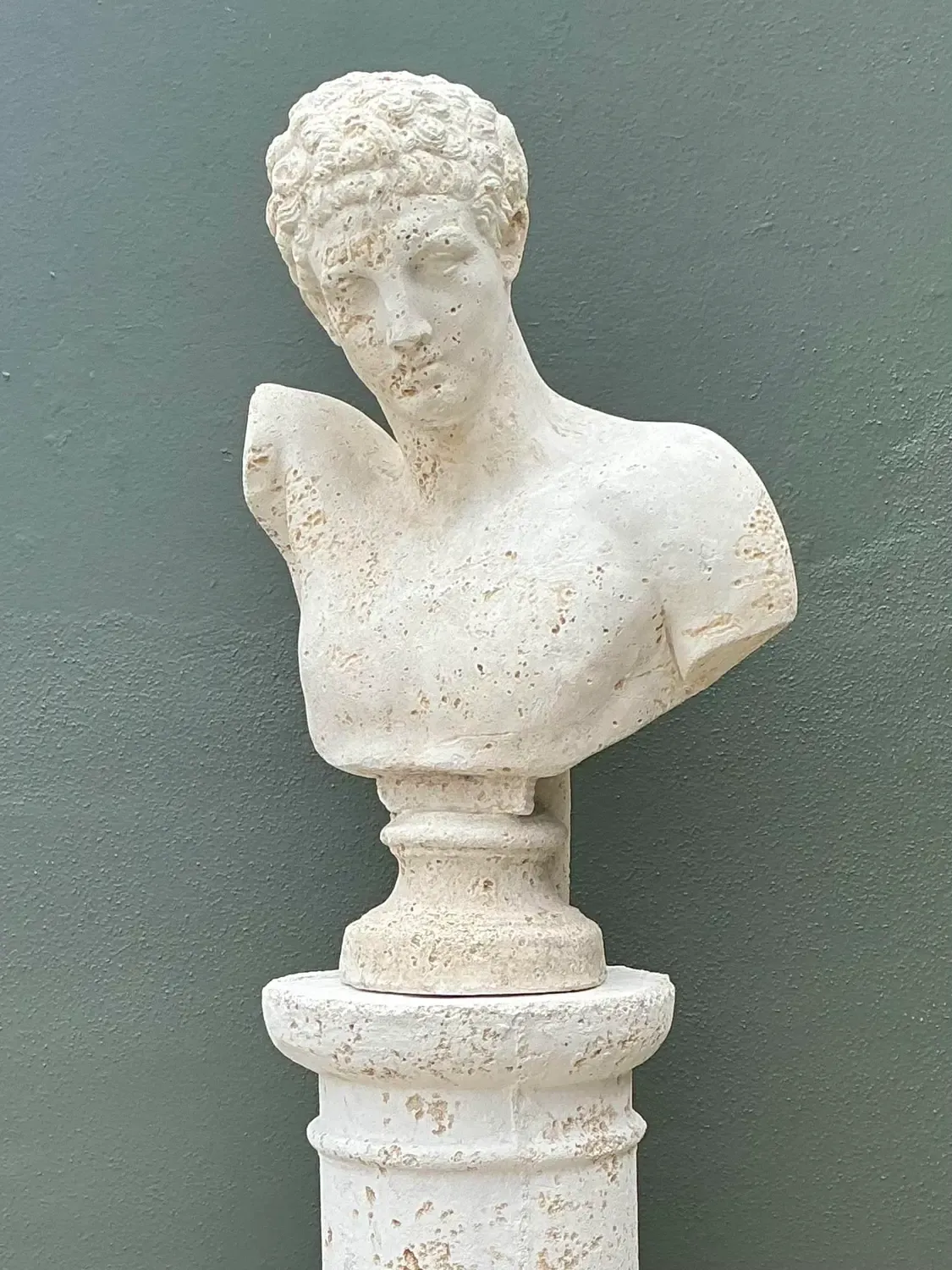 Vintage Faux Coral Cast Plaster Bust of Hermes on Pedestal