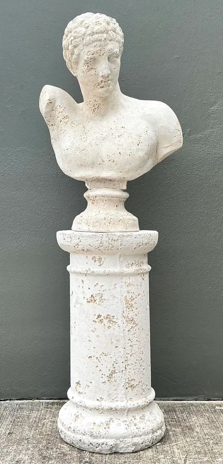 Vintage Faux Coral Cast Plaster Bust of Hermes on Pedestal — additional photo 4