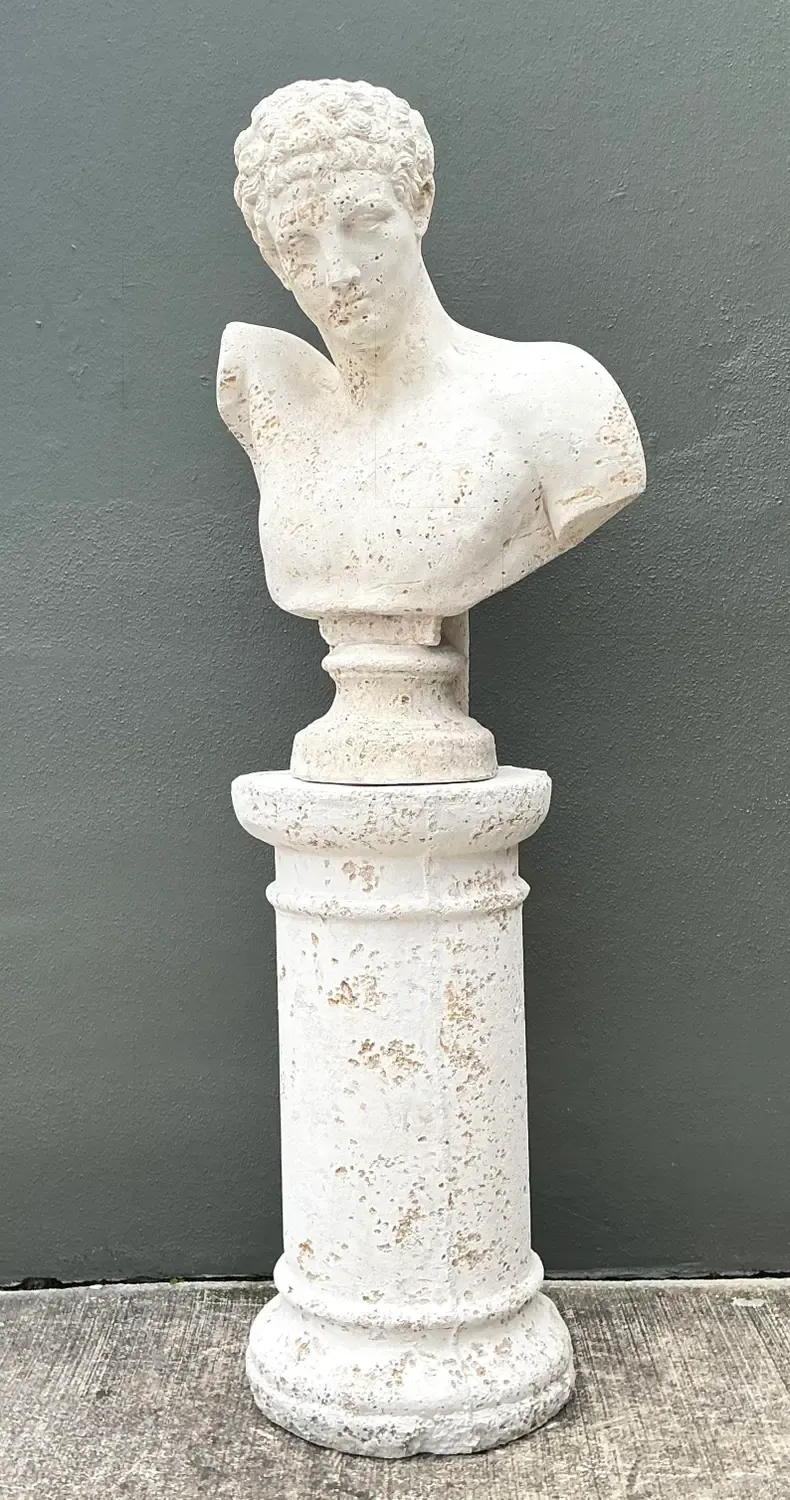 Vintage Faux Coral Cast Plaster Bust of Hermes on Pedestal — additional photo 5