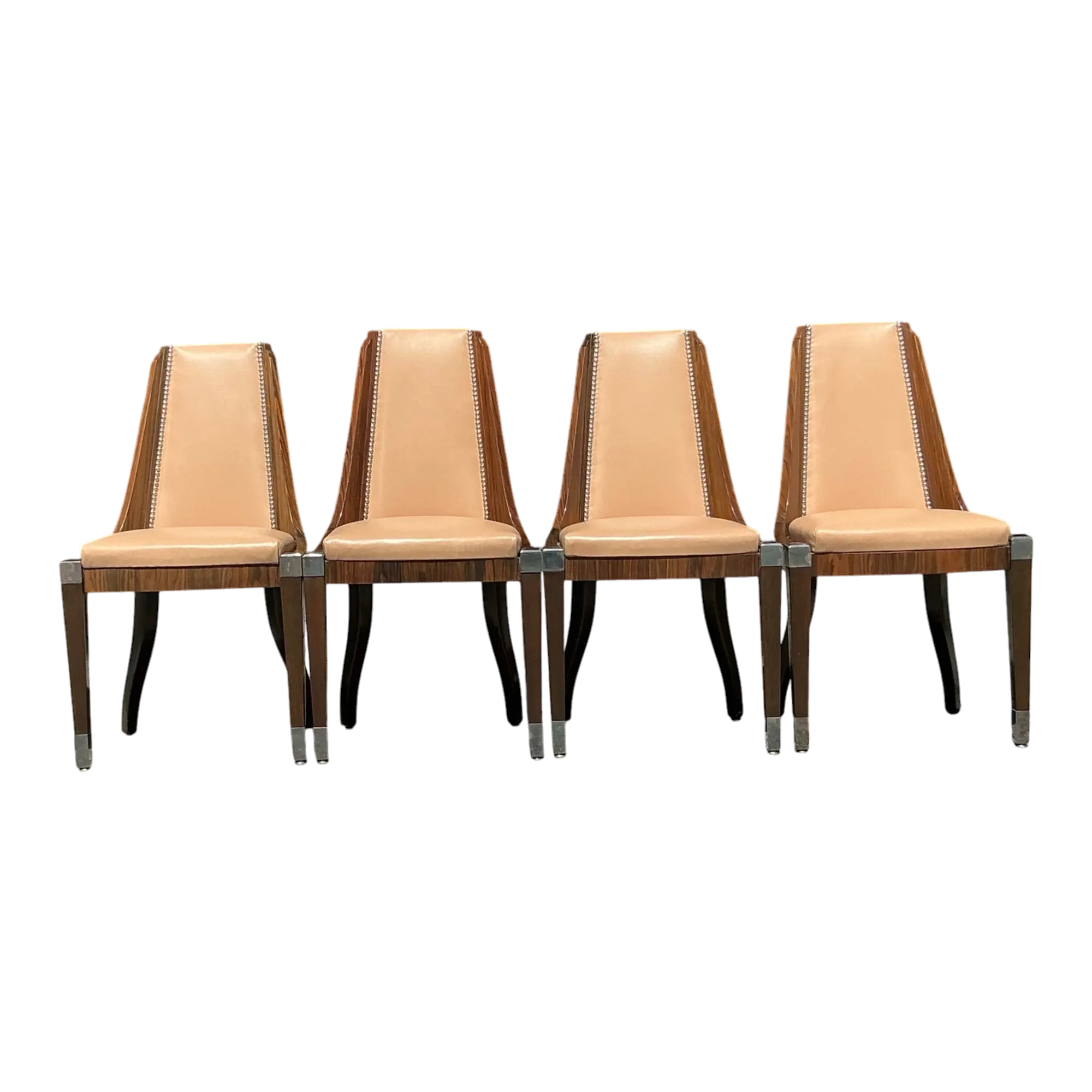 Vintage French Art Deco Burl and Leather Dining Chairs After Ruhlman -Set of 4