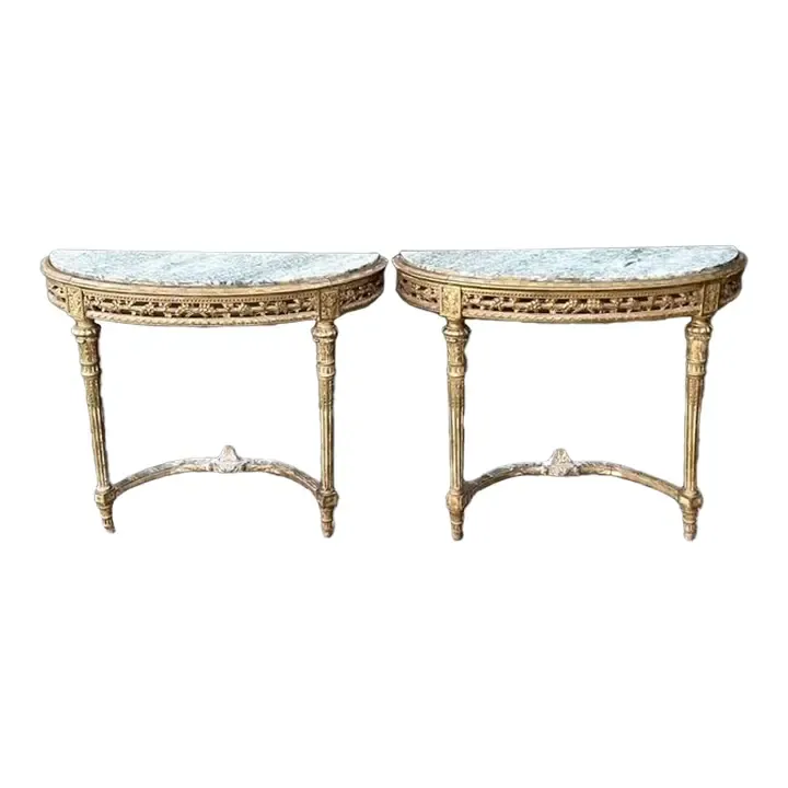 Vintage French Giltwood Marble Top Demilune Console Tables - A Pair — additional photo 1