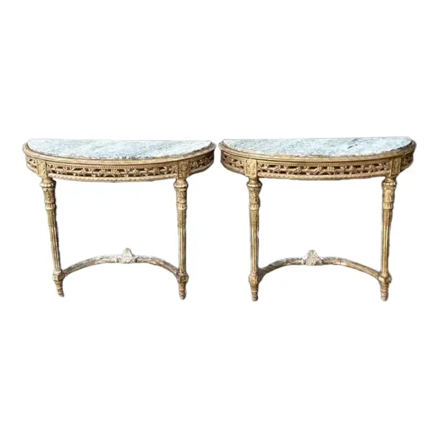 Vintage French Giltwood Marble Top Demilune Console Tables - A Pair — additional photo 1