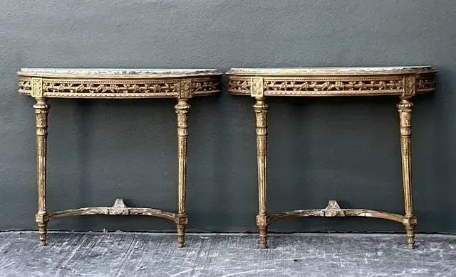 Vintage French Giltwood Marble Top Demilune Console Tables - A Pair — additional photo 2