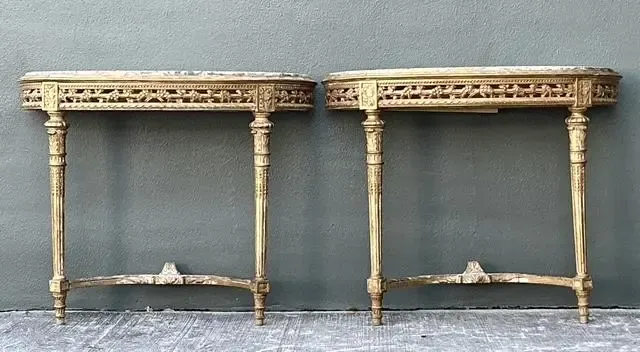 Vintage French Giltwood Marble Top Demilune Console Tables - A Pair — additional photo 3