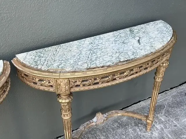 Vintage French Giltwood Marble Top Demilune Console Tables - A Pair — additional photo 4