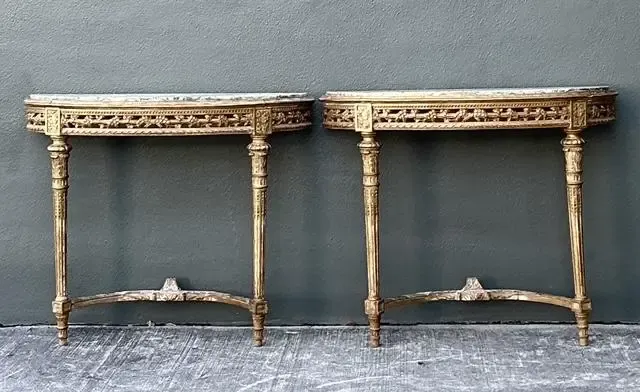 Vintage French Giltwood Marble Top Demilune Console Tables - A Pair — additional photo 5