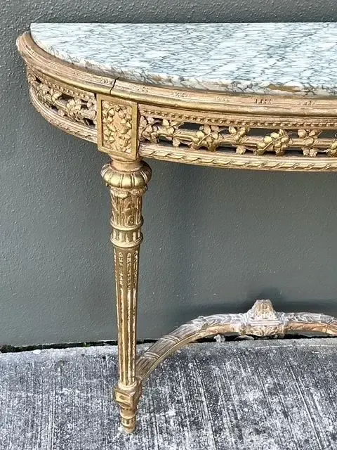 Vintage French Giltwood Marble Top Demilune Console Tables - A Pair — additional photo 8