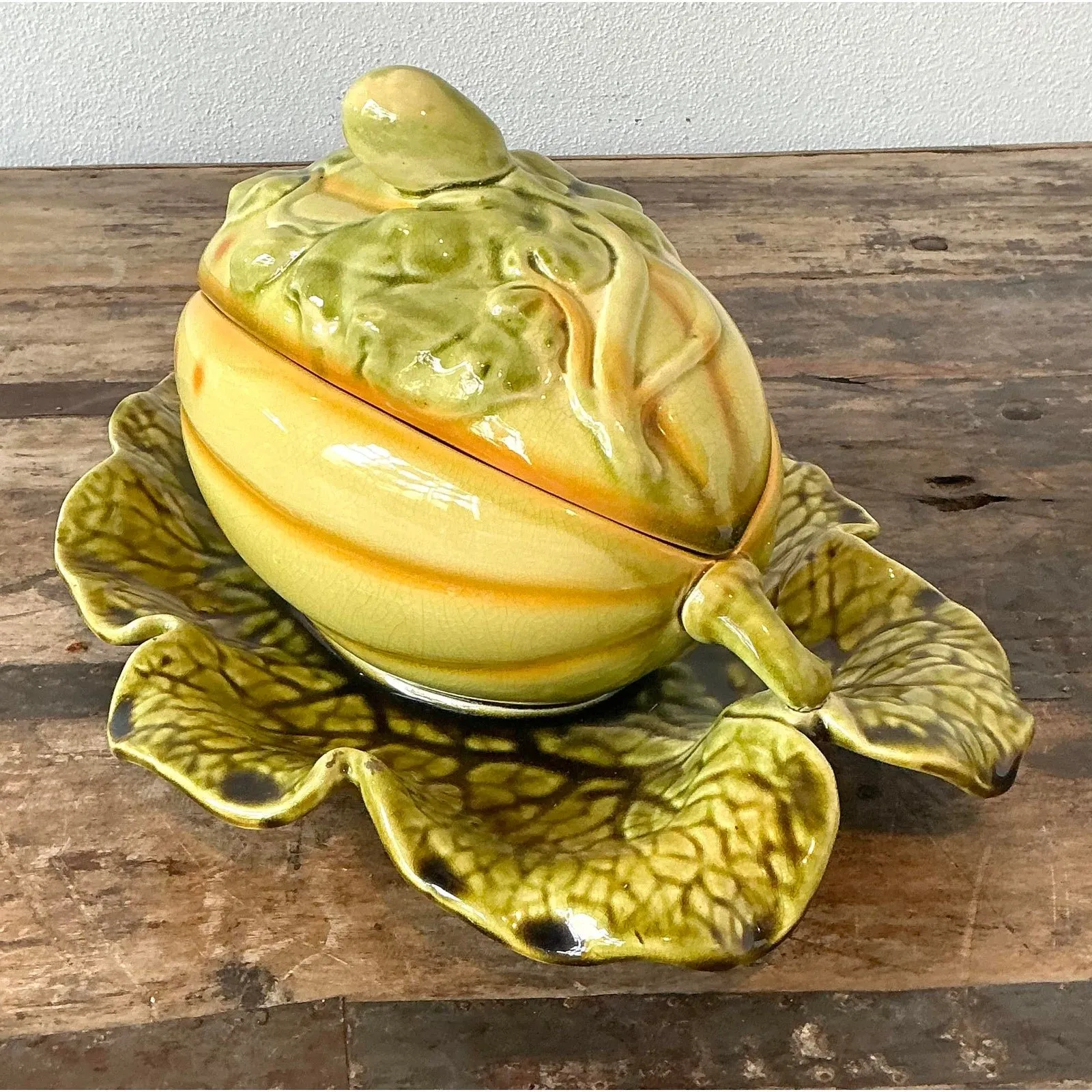 Vintage French Sarreguemines Glazed Ceramic Lidded Melon Bowl — additional photo 2