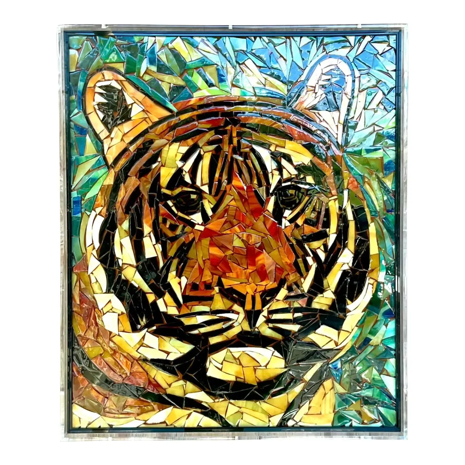 Vintage Glass Mosaic of Tiger in Lucite Box Wall Sculpture — additional photo 1