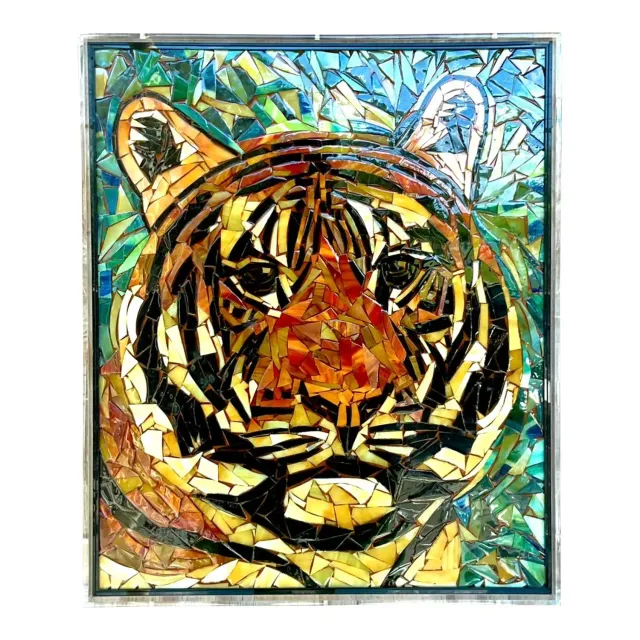 Vintage Glass Mosaic of Tiger in Lucite Box Wall Sculpture — additional photo 1