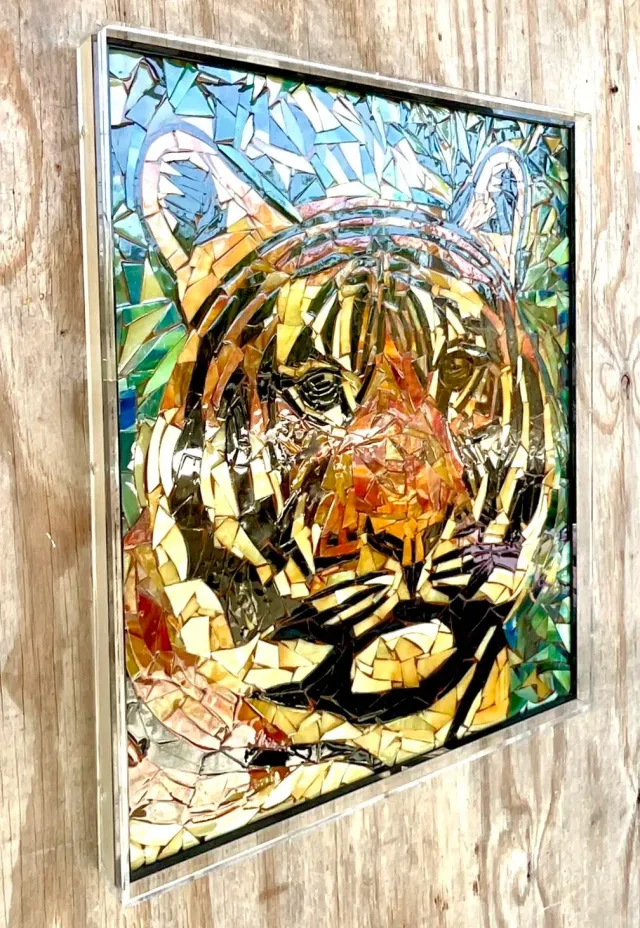 Vintage Glass Mosaic of Tiger in Lucite Box Wall Sculpture — additional photo 2