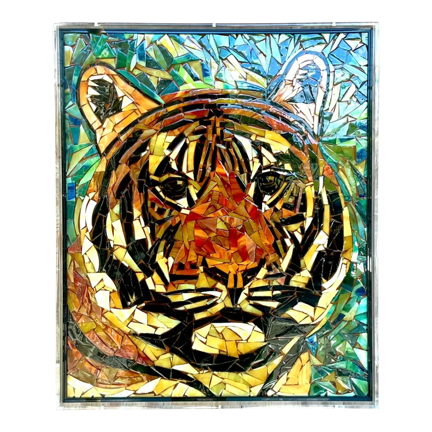 Vintage Glass Mosaic of Tiger in Lucite Box Wall Sculpture — additional photo 3