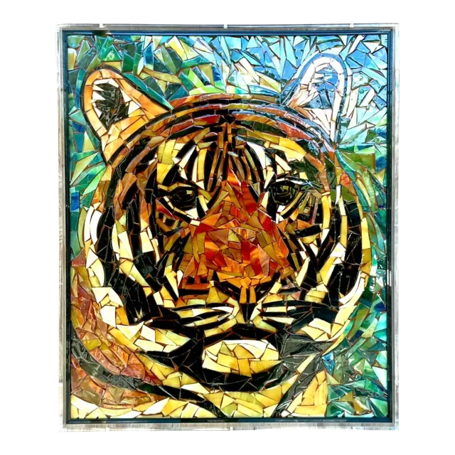 Vintage Glass Mosaic of Tiger in Lucite Box Wall Sculpture — additional photo 3