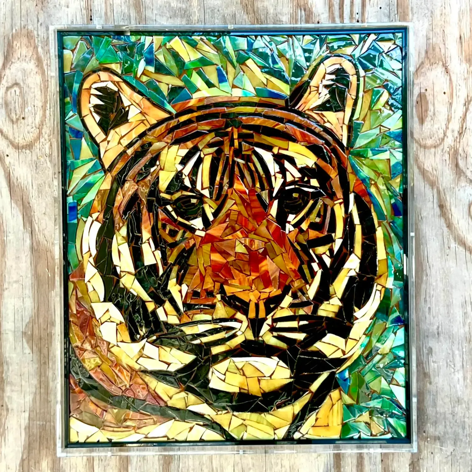 Vintage Glass Mosaic of Tiger in Lucite Box Wall Sculpture — additional photo 4