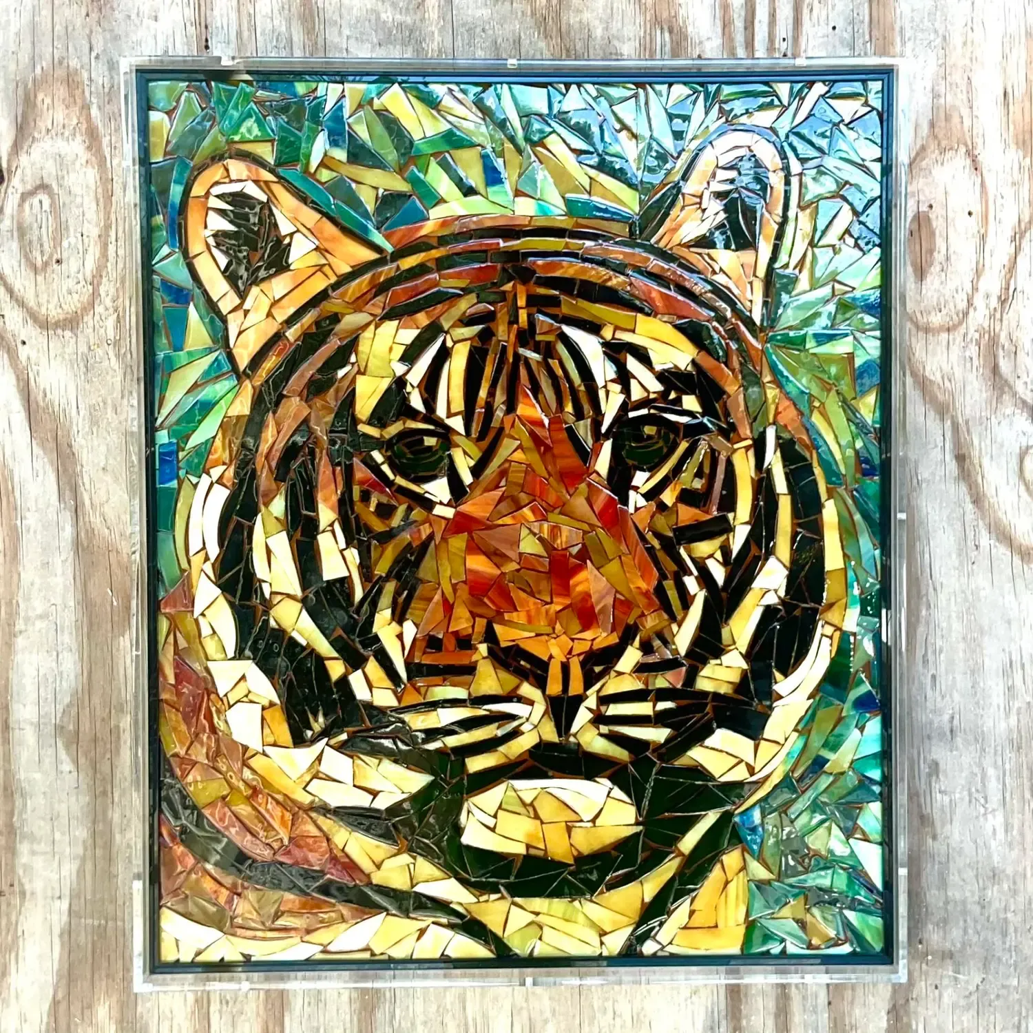 Vintage Glass Mosaic of Tiger in Lucite Box Wall Sculpture — additional photo 5