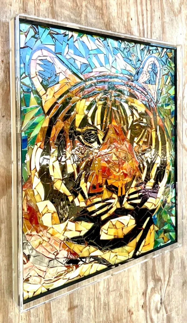 Vintage Glass Mosaic of Tiger in Lucite Box Wall Sculpture — additional photo 6