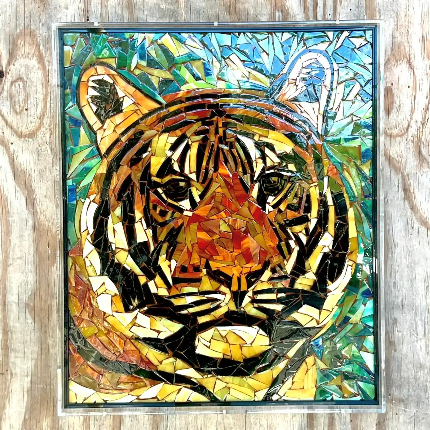 Vintage Glass Mosaic of Tiger in Lucite Box Wall Sculpture — additional photo 7