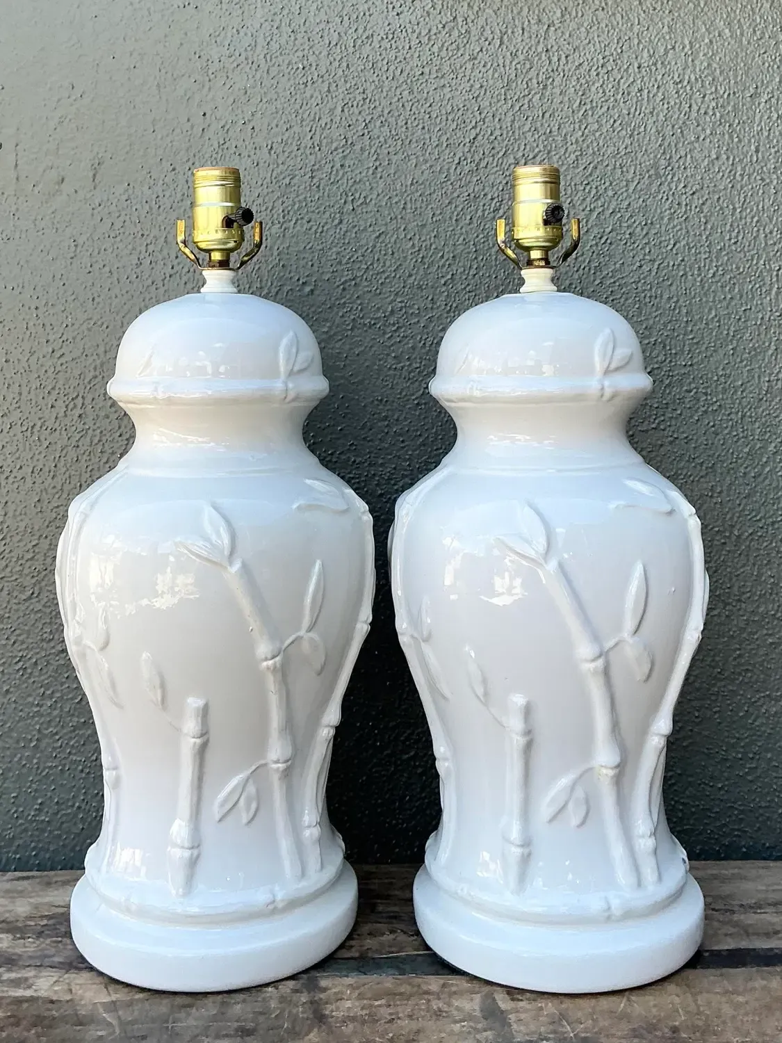 Vintage Glazed Ceramic Bamboo Lamps - A Pair — additional photo 2