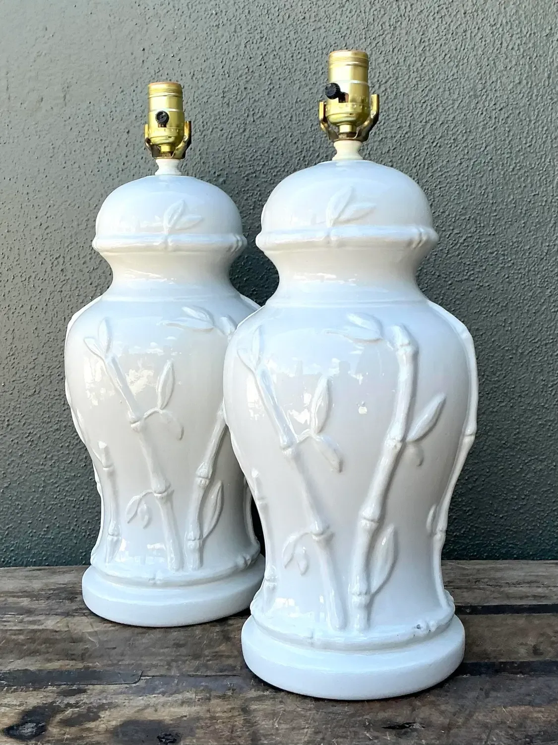 Vintage Glazed Ceramic Bamboo Lamps - A Pair — additional photo 3