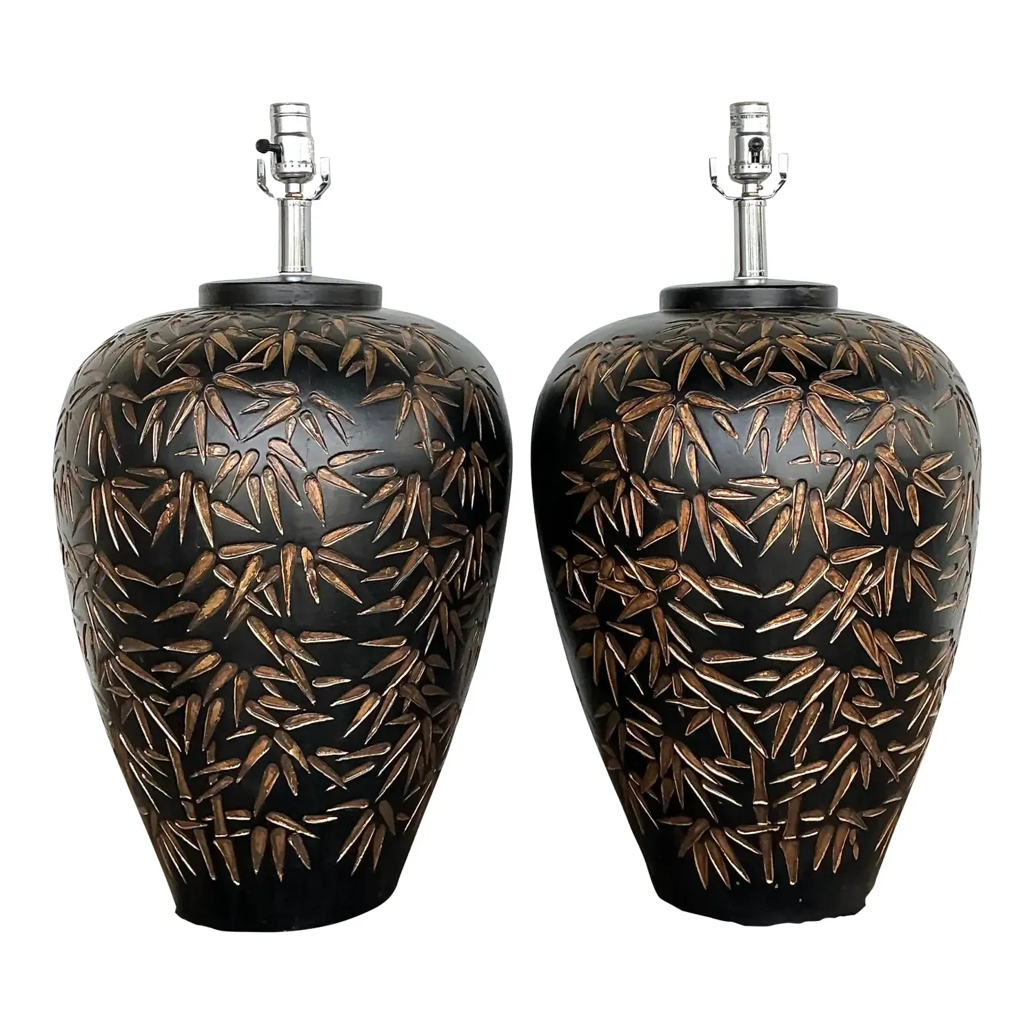 Vintage Glazed Ceramic Bamboo Shoots Lamps - A Pair