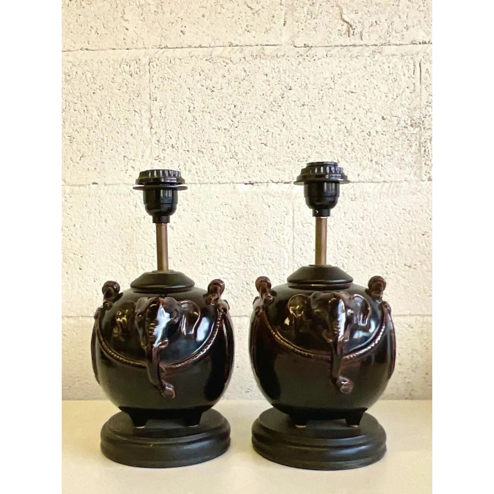 Vintage Glazed Ceramic Elephant Lamps - a Pair