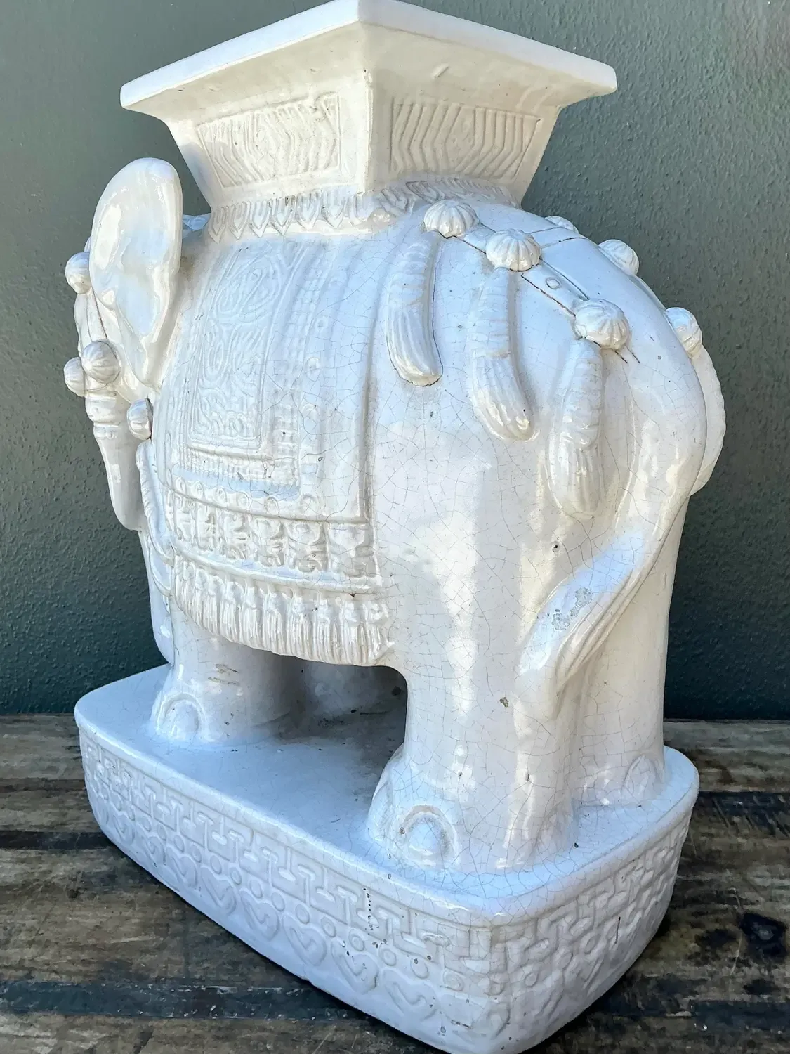 Vintage Glazed Ceramic Elephant Low Stool