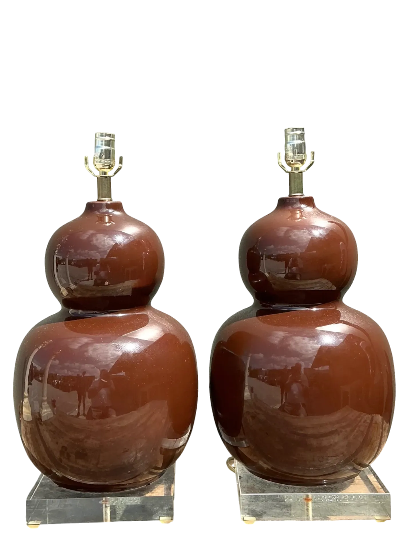 Vintage Glazed Ceramic Gourd Lamps - A Pair