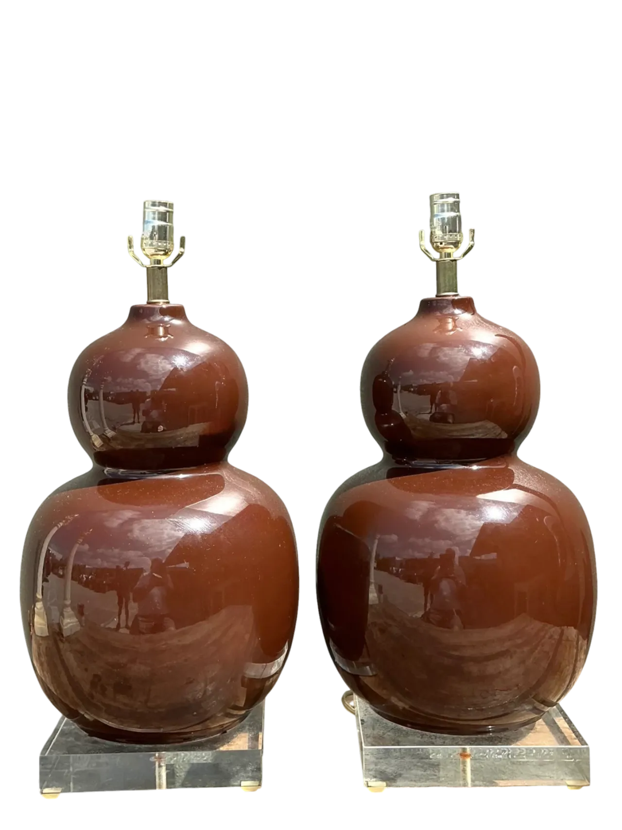 Vintage Glazed Ceramic Gourd Lamps - A Pair