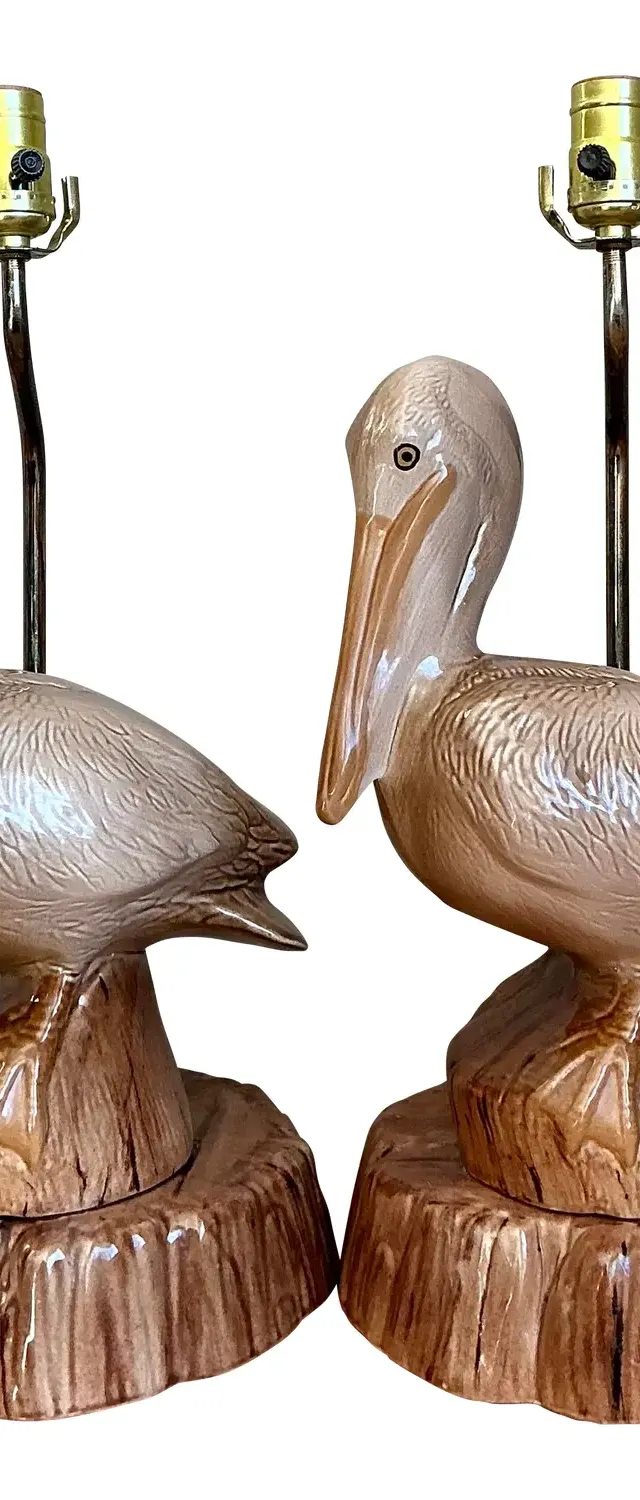 Vintage Glazed Ceramic Pelican Lamps - A Pair