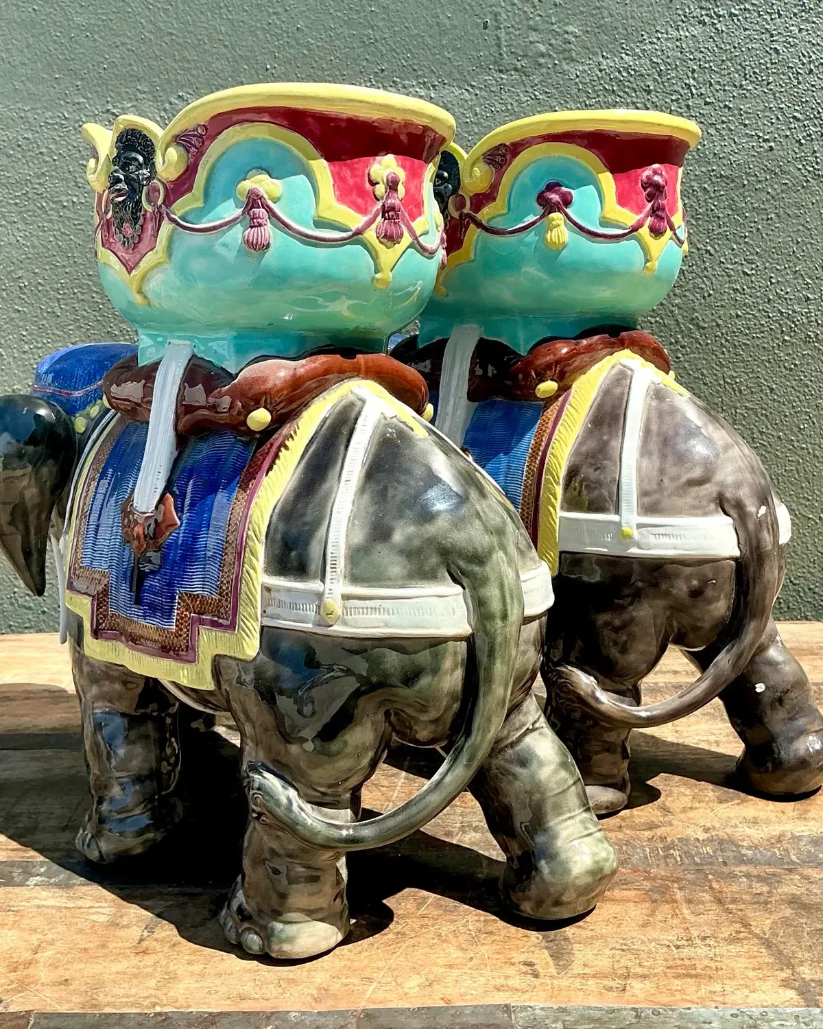 Vintage Glazed Ceramic Polychromed Elephants - A Pair