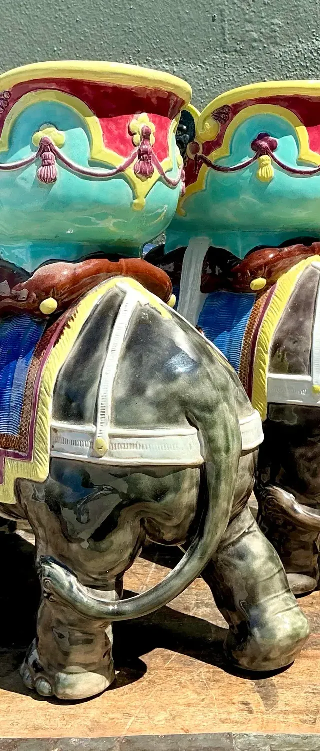 Vintage Glazed Ceramic Polychromed Elephants - A Pair