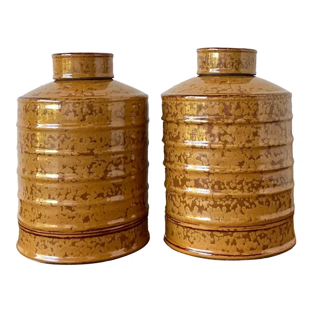 Vintage Glazed Ceramic Ribbed Lidded Urns - A Pair — additional photo 1