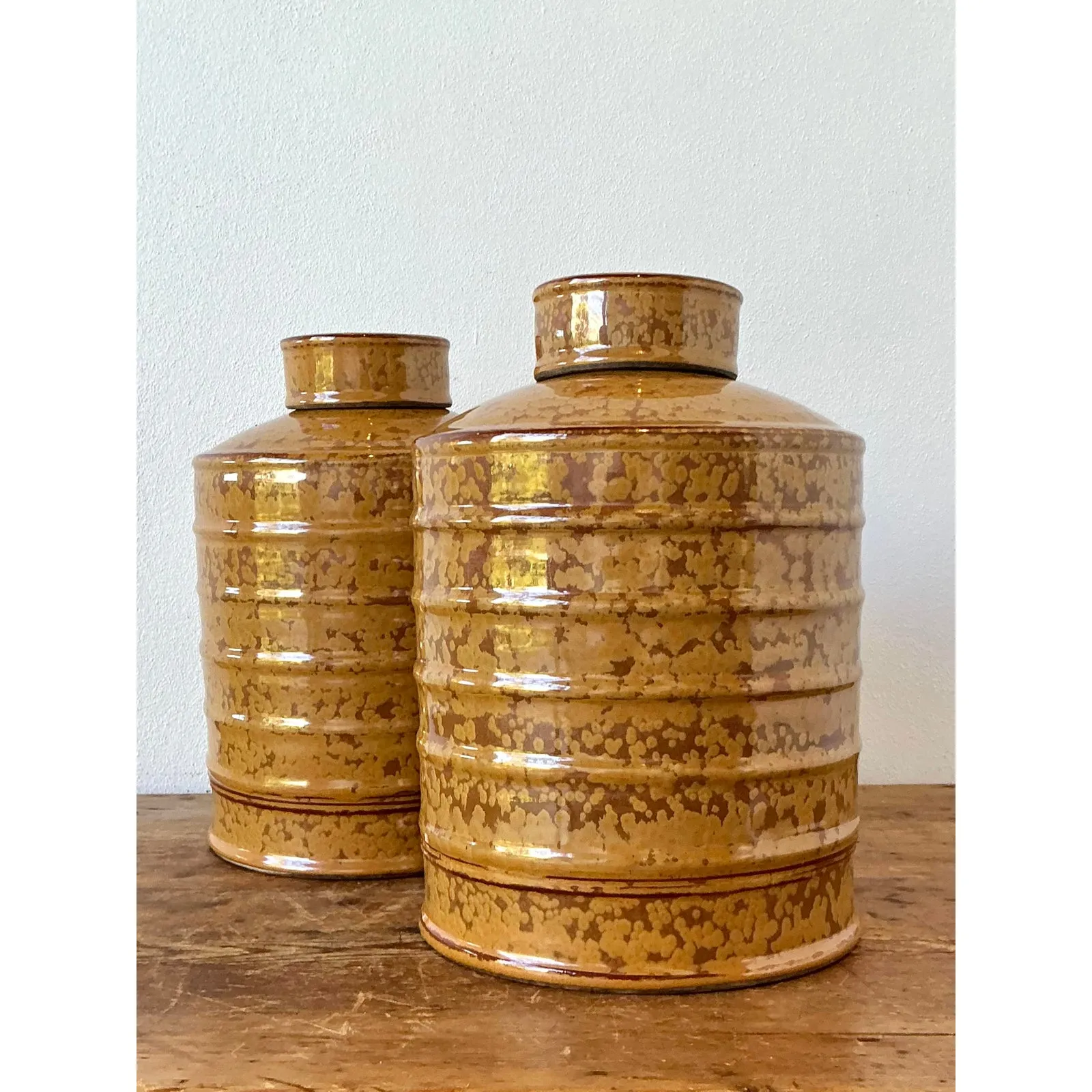 Vintage Glazed Ceramic Ribbed Lidded Urns - A Pair — additional photo 2