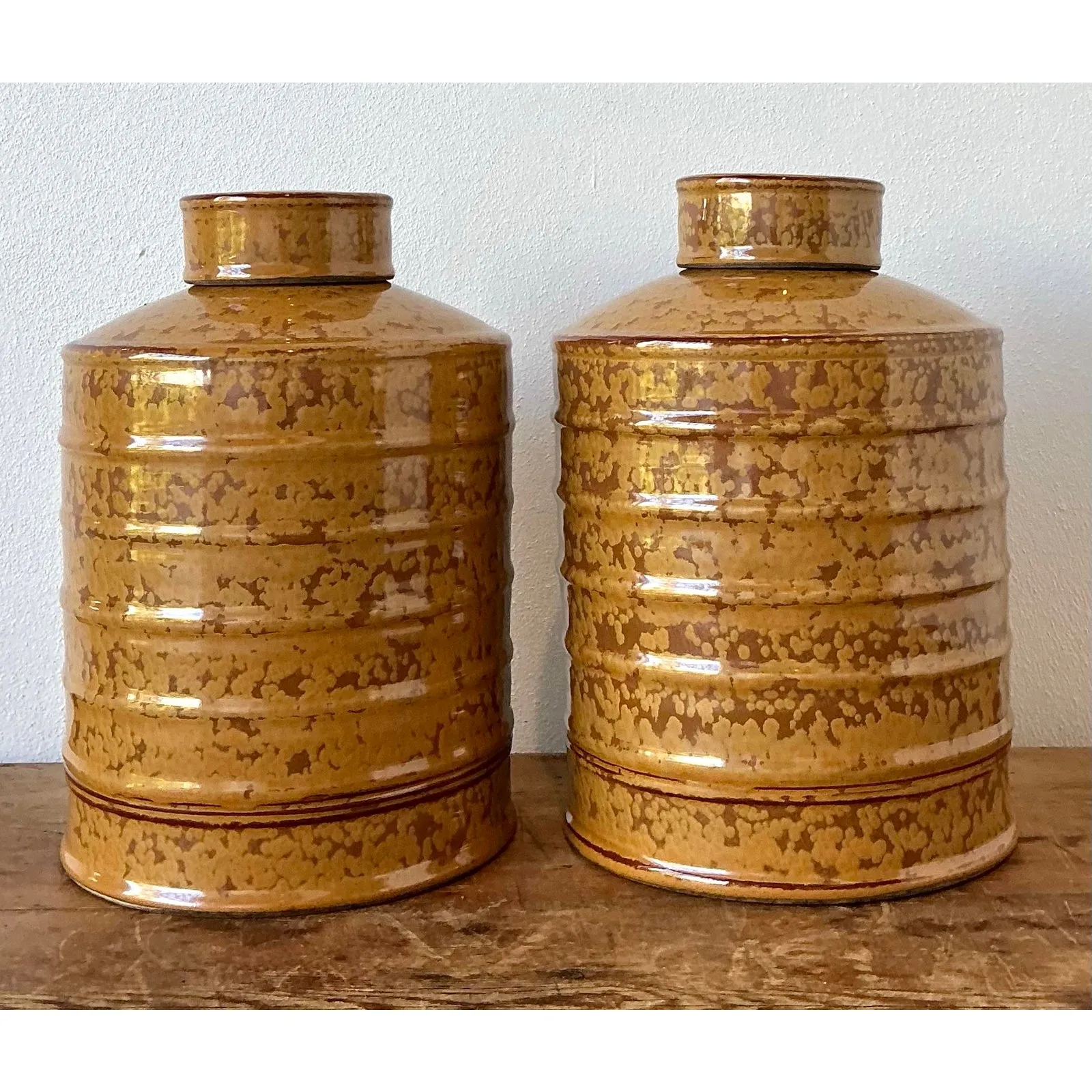 Vintage Glazed Ceramic Ribbed Lidded Urns - A Pair — additional photo 5